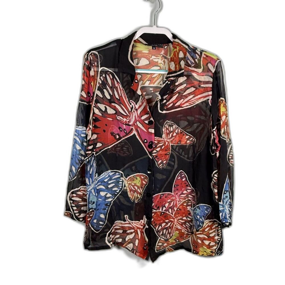 David Dart Silk Top Butterly Semi Sheer Button Up Size 1X USA Festival Vintage